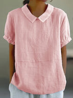 Women short sleeve blouse with open collar in soft woven fabric
