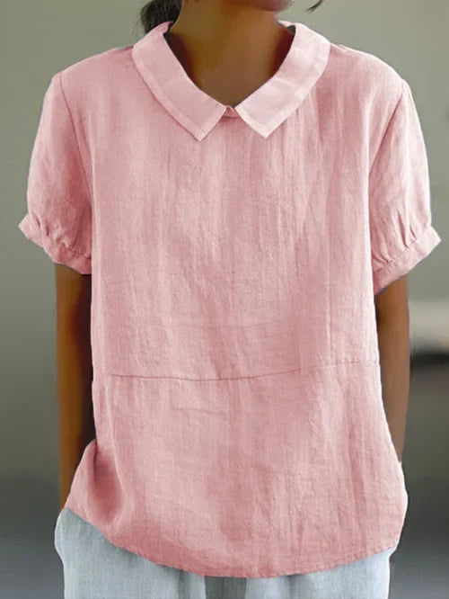 Women short sleeve blouse with open collar in soft woven fabric