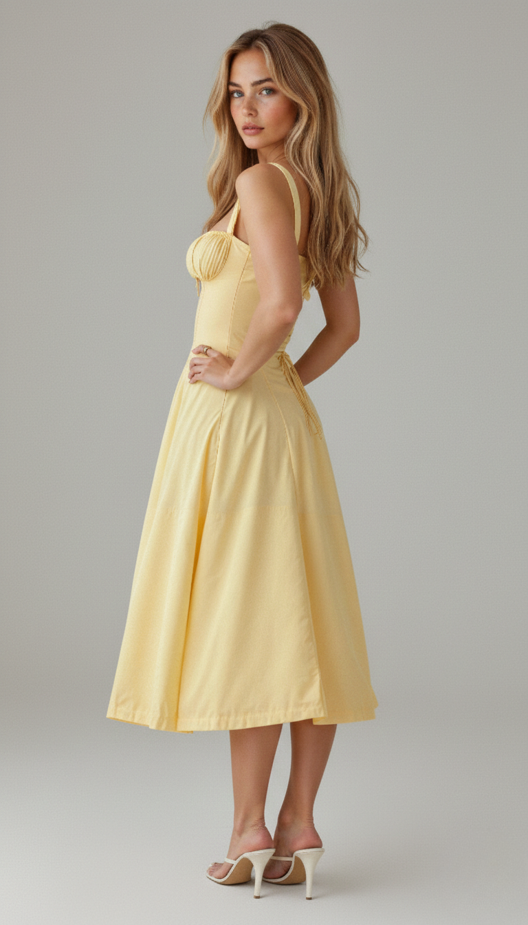 Women's floral midi dress with corset bodice and side slit skirt