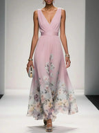 Women's floral print wedding guest dress, A-line V-neck flowing silhouette