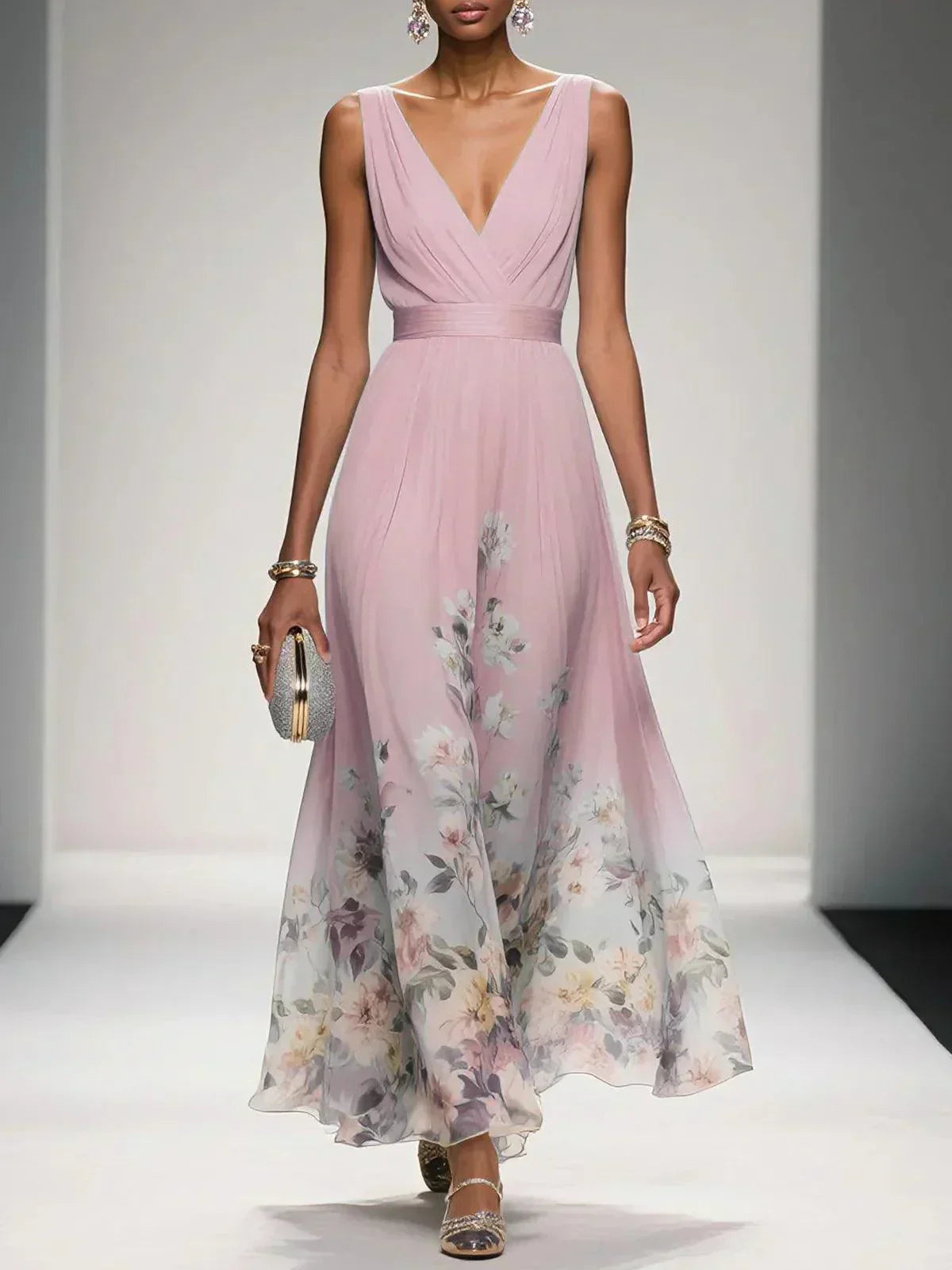 Women's floral print wedding guest dress, A-line V-neck flowing silhouette