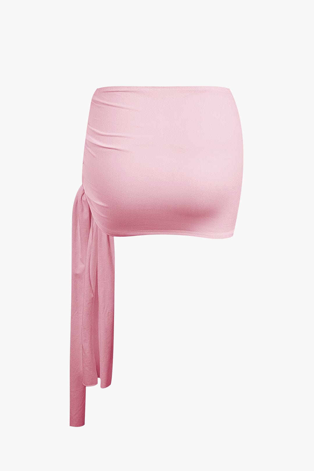 Women's two-piece set with one-shoulder top and draped mini skirt, asymmetric knot detail