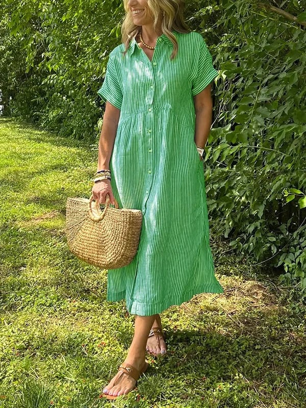 Women's striped shirt dress button-down casual with pockets, loose fit