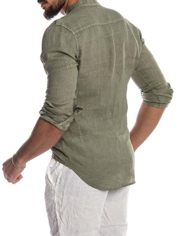 Men's green button-up shirt with classic collar, casual summer regular fit