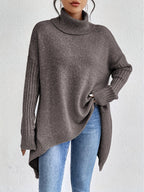Women knit sweater high neck asymmetric hem relaxed fit