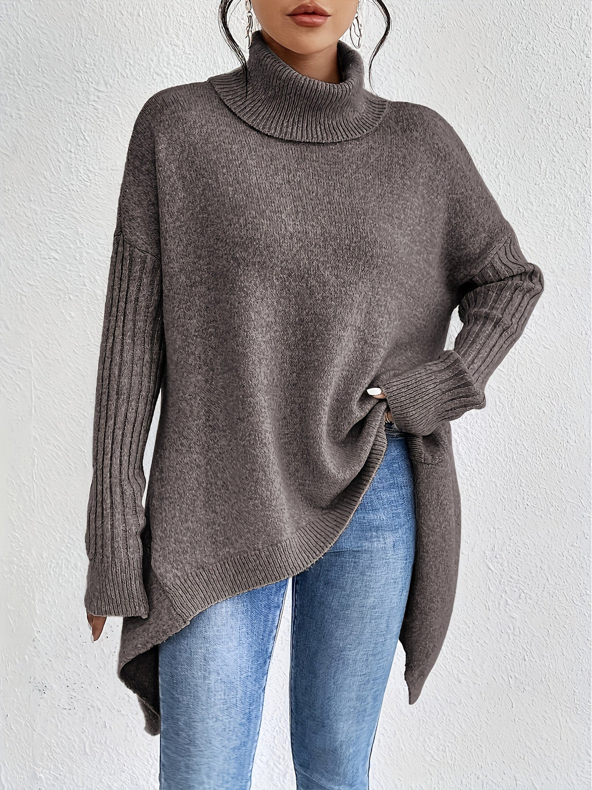 Women knit sweater high neck asymmetric hem relaxed fit