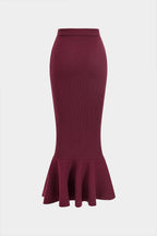 Women 2 piece knit set midi skirt with ruffle hem and gold button top