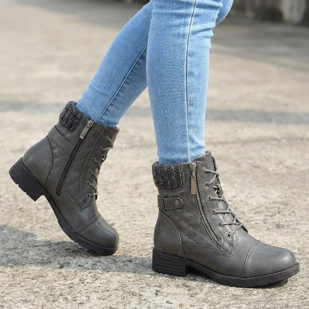 Women's leather ankle boots with side zipper and low block heel