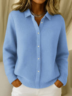 Women's knit cardigan with classic collar and button-up front, winter knitwear