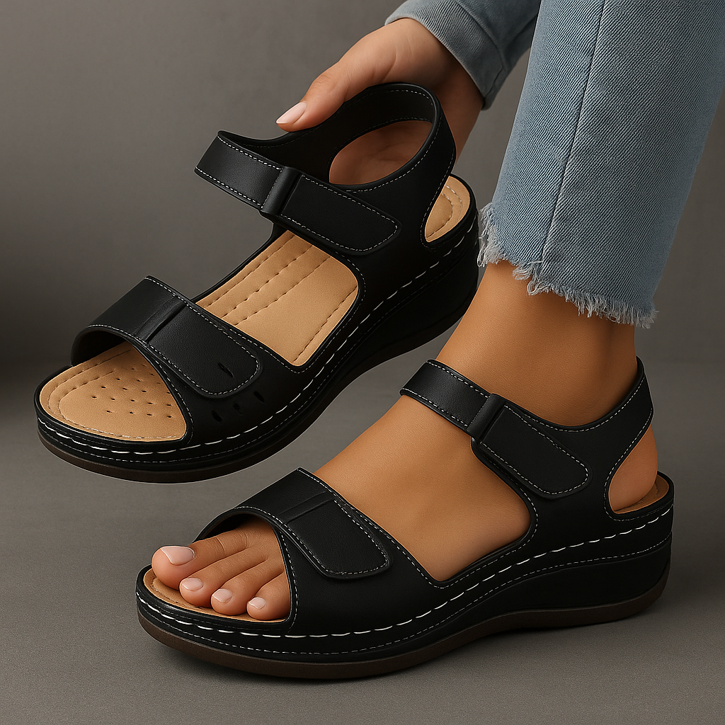 Wedge sandals with orthopedic contoured footbed and adjustable strap, women's summer support sandal