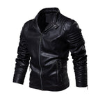 Men's faux leather biker jacket with ribbed sleeves and fleece lining, slim fit