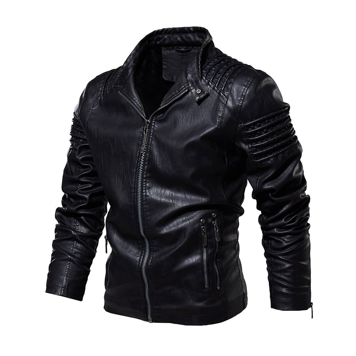 Men's faux leather biker jacket with ribbed sleeves and fleece lining, slim fit