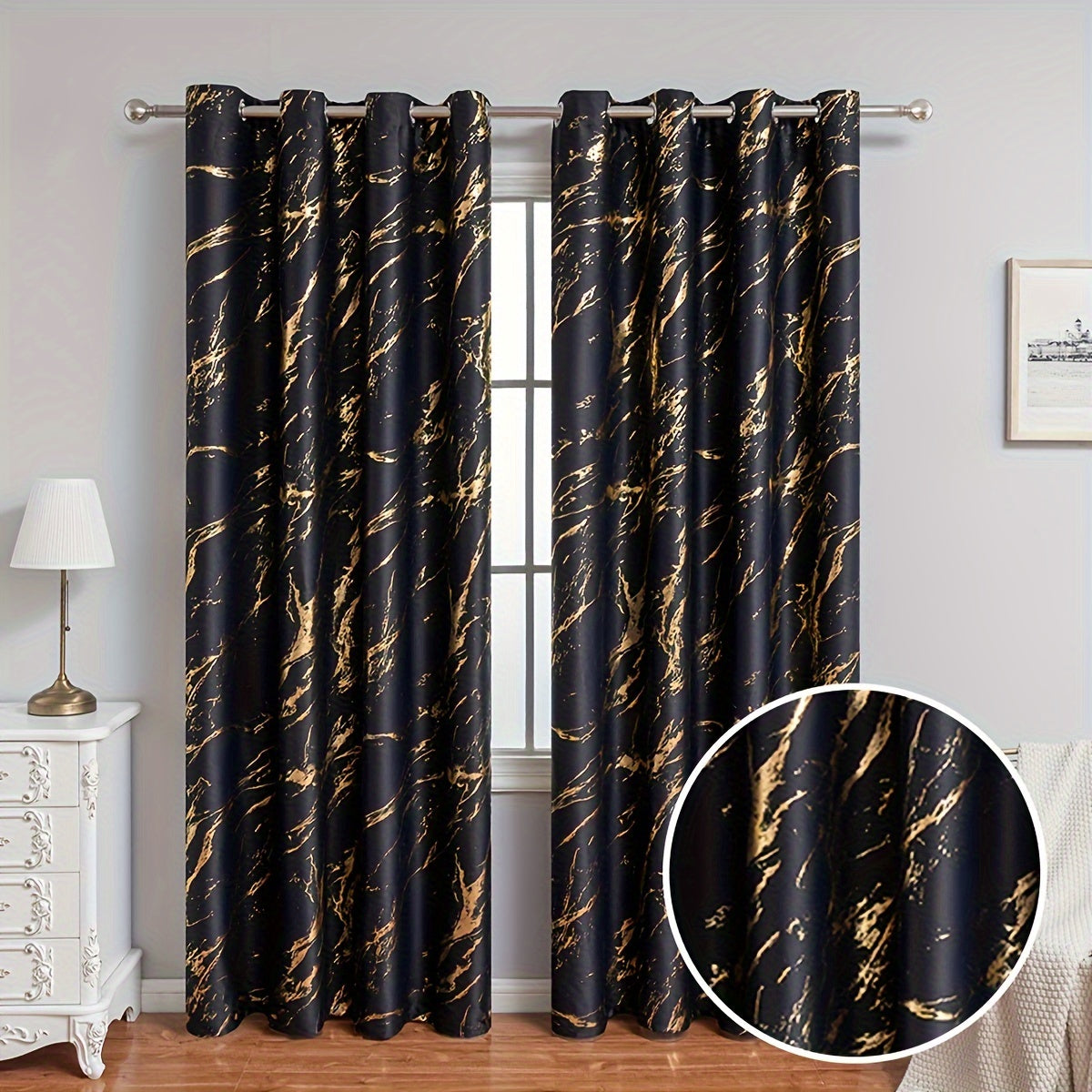 2 piece blackout curtains bronzing marble print ring top for bedroom and living room