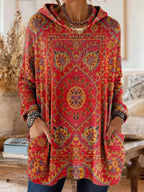 Women cotton blend hoodie ethnic print tunic length relaxed fit