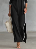 Women's maxi sweatshirt dress with button-down collar and white trim, minimalist relaxed fit