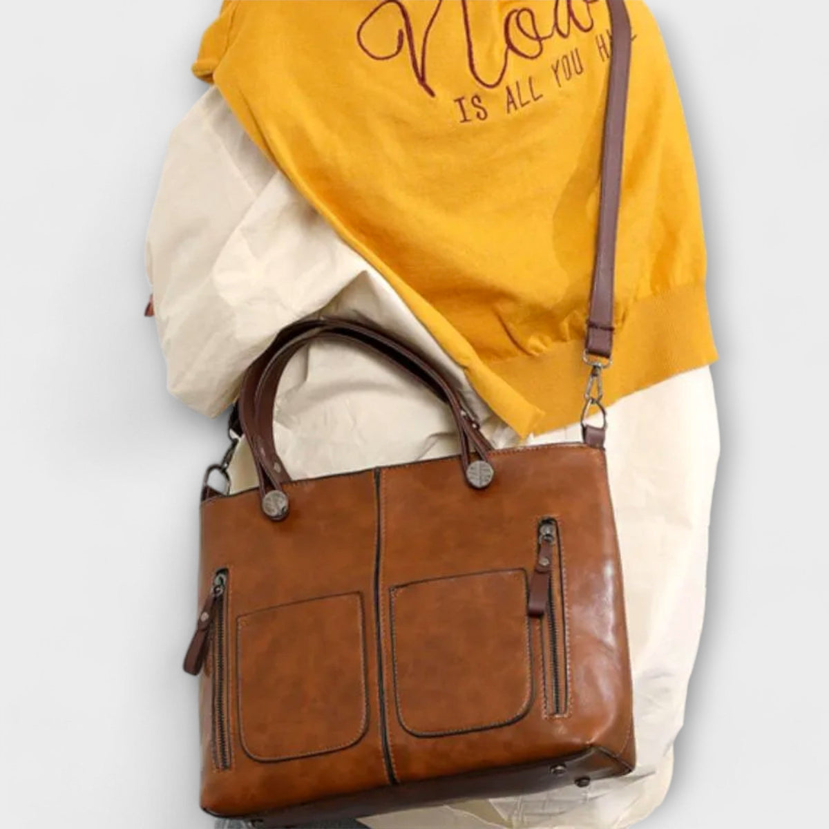 Women leather tote bag spacious in brown black and gray