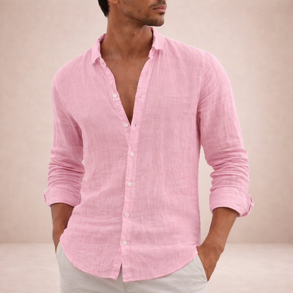 Men's linen shirt casual breathable long sleeve open collar