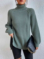 Women ribbed knit turtleneck sweater with side slit hem, autumn winter
