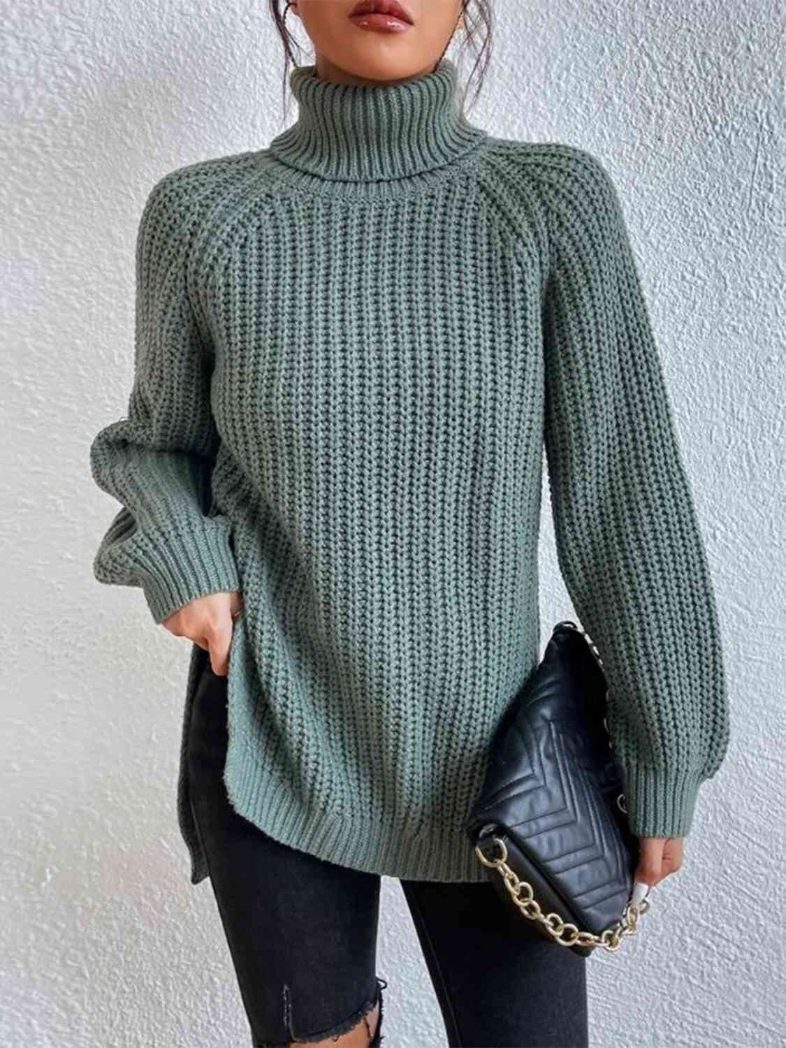 Women ribbed knit turtleneck sweater with side slit hem, autumn winter