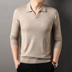Men's long sleeve V-neck polo shirt in beige with ribbed trim