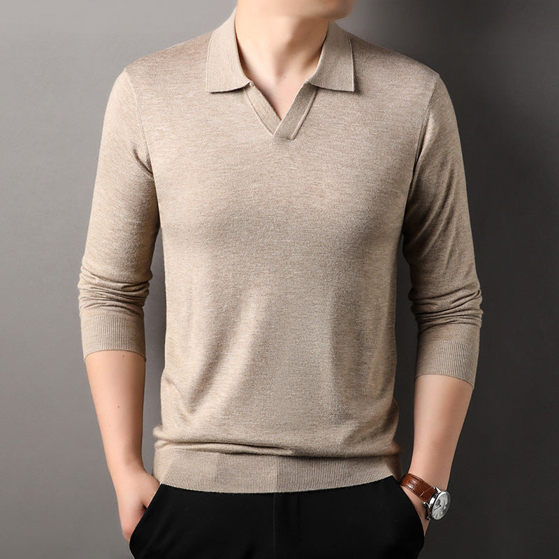 Men's long sleeve V-neck polo shirt in beige with ribbed trim