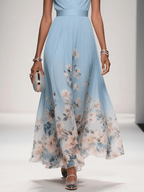 Women's floral print wedding guest dress, A-line V-neck flowing silhouette