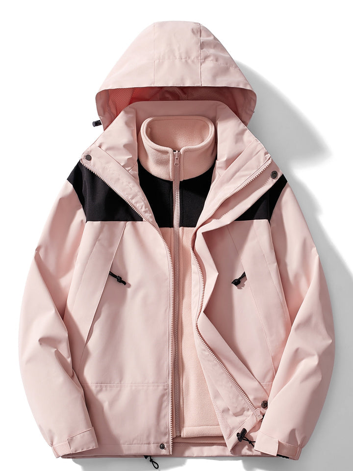 Women 3 in 1 waterproof windproof jacket with removable hood and fleece lining