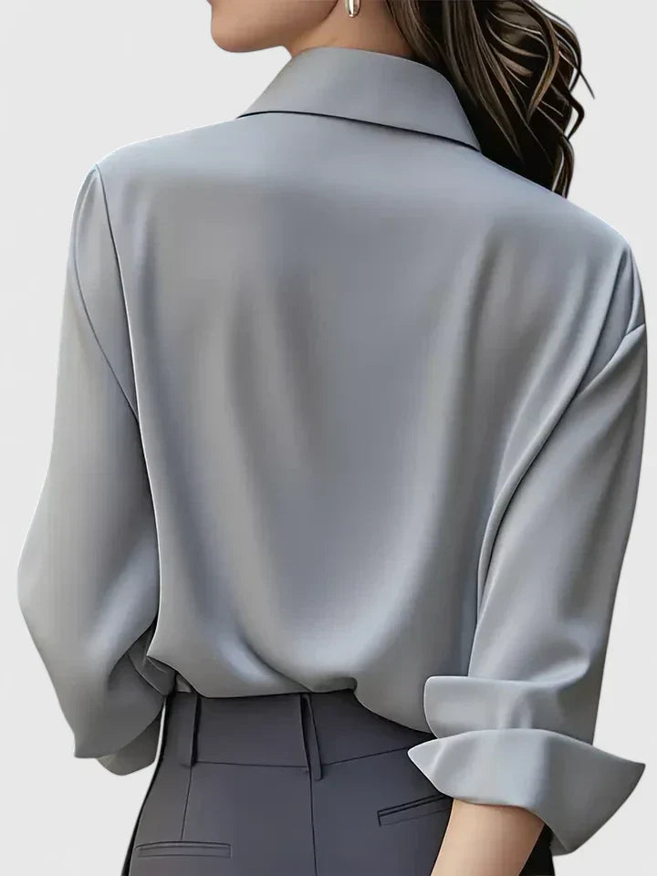 Women's satin button-up blouse, flowing silhouette, summer office style