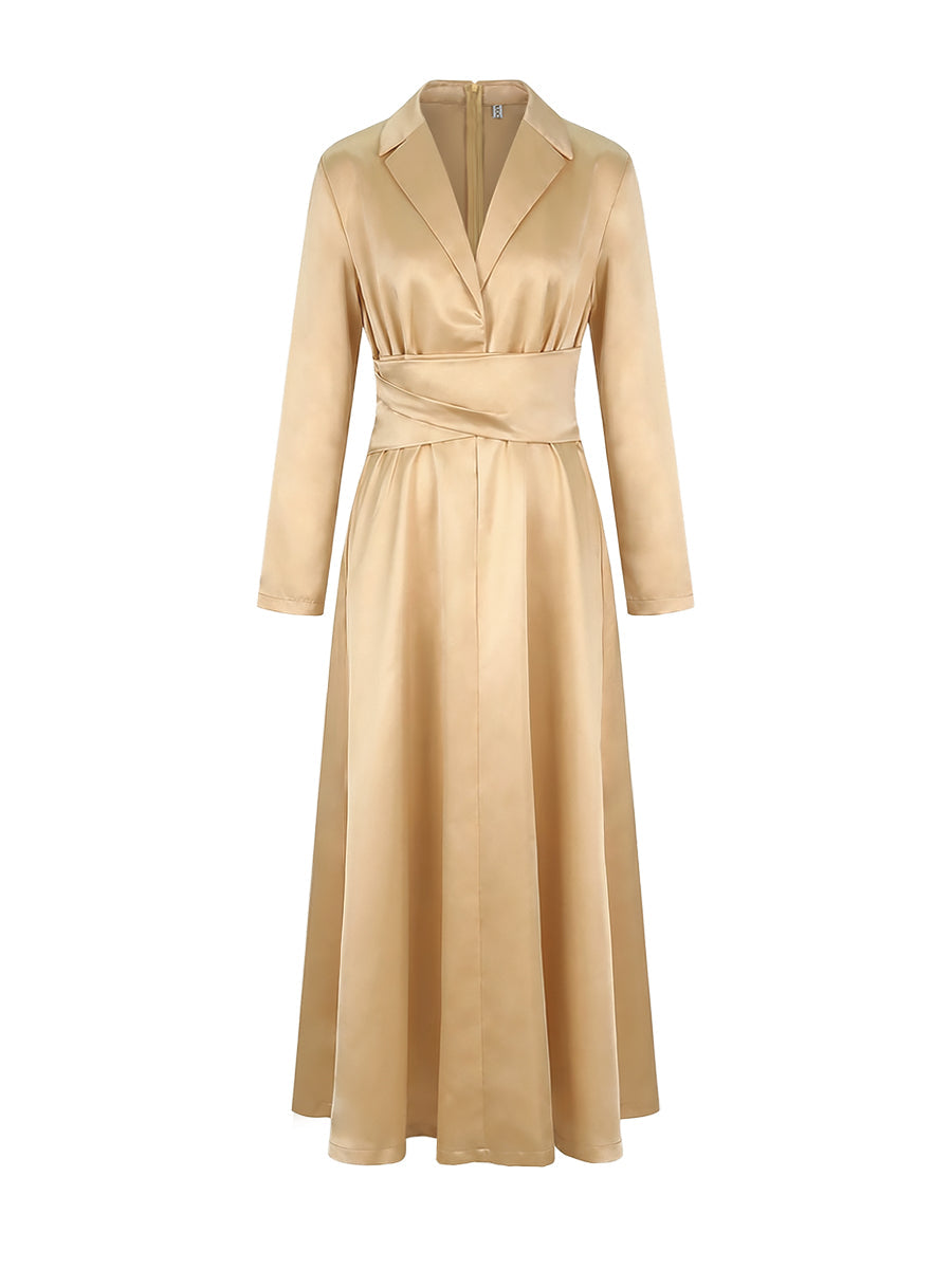 Women's A-line high waist V-neck long sleeve pleated maxi dress in multiple colours