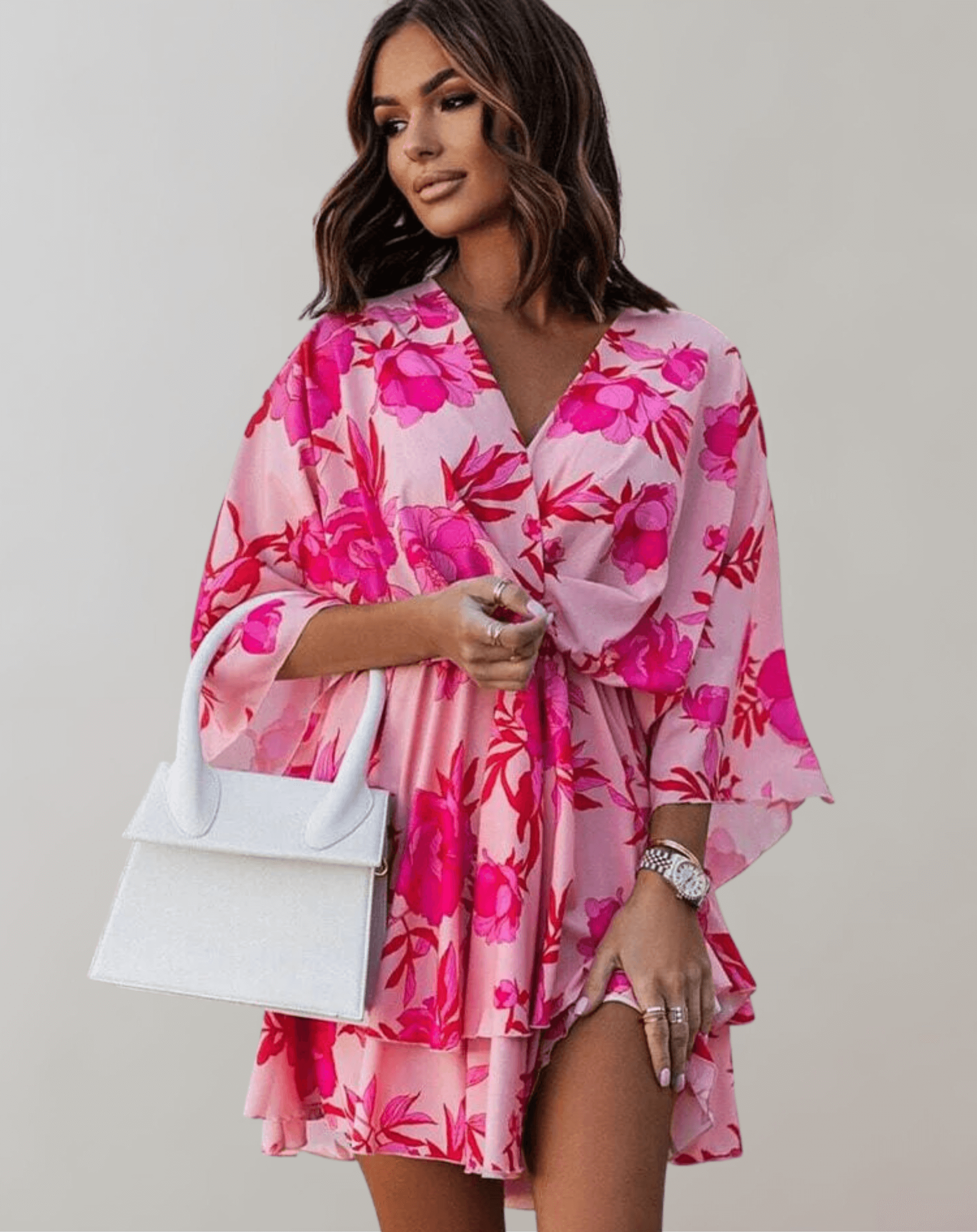 Women's midi dress with batwing sleeves and V-neckline, spring summer