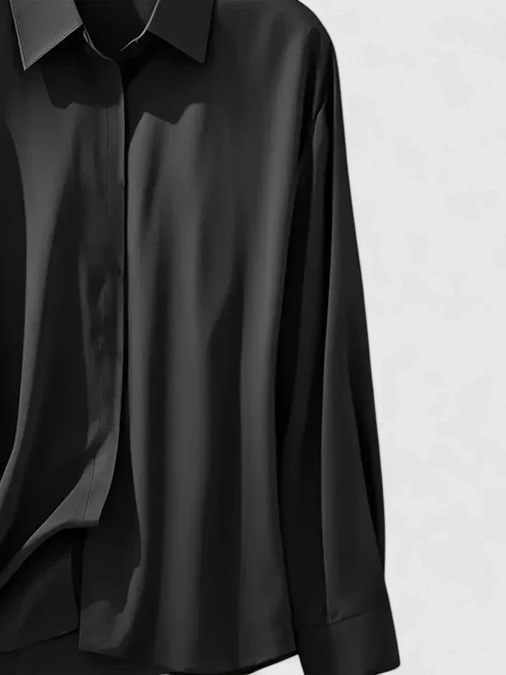 Women's satin button-up blouse, flowing silhouette, summer office style