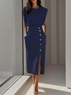 Women's structured midi dress with round neckline and button slit detail