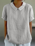 Women short sleeve blouse with open collar in soft woven fabric