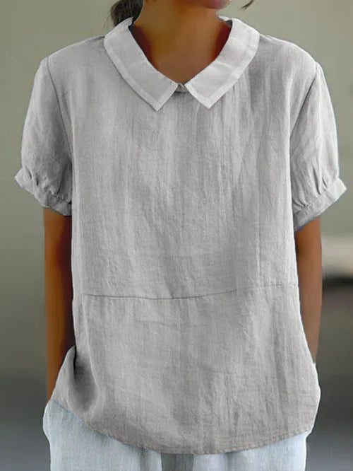 Women short sleeve blouse with open collar in soft woven fabric