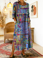 Women's denim dress with ethnic patchwork detail, loose fit boho summer style