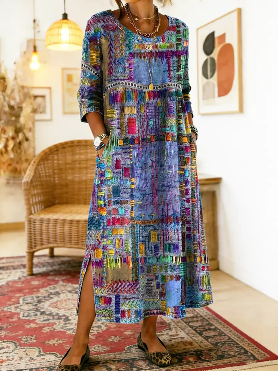 Women's denim dress with ethnic patchwork detail, loose fit boho summer style