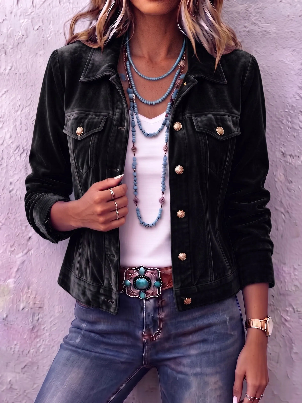Women vintage wash button front jacket relaxed fit with chest pockets