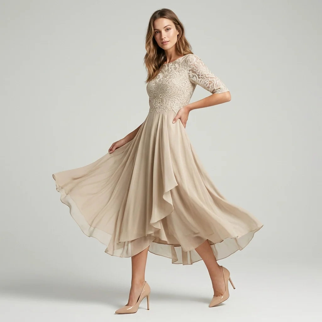 Cocktail Dress Women Midi Length Layered Tulle Lace Sheer Sleeve