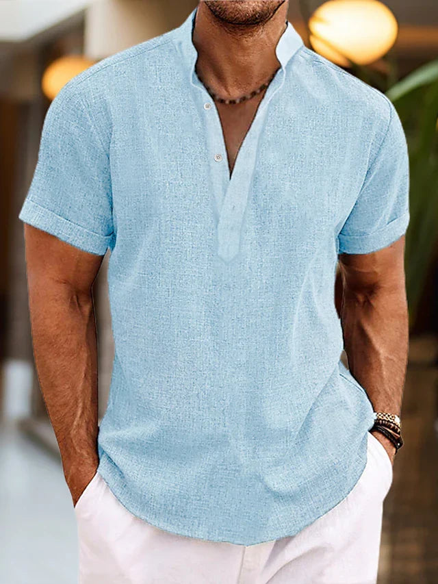 Men's linen shirt with Henley collar and short sleeves, breathable summer fit