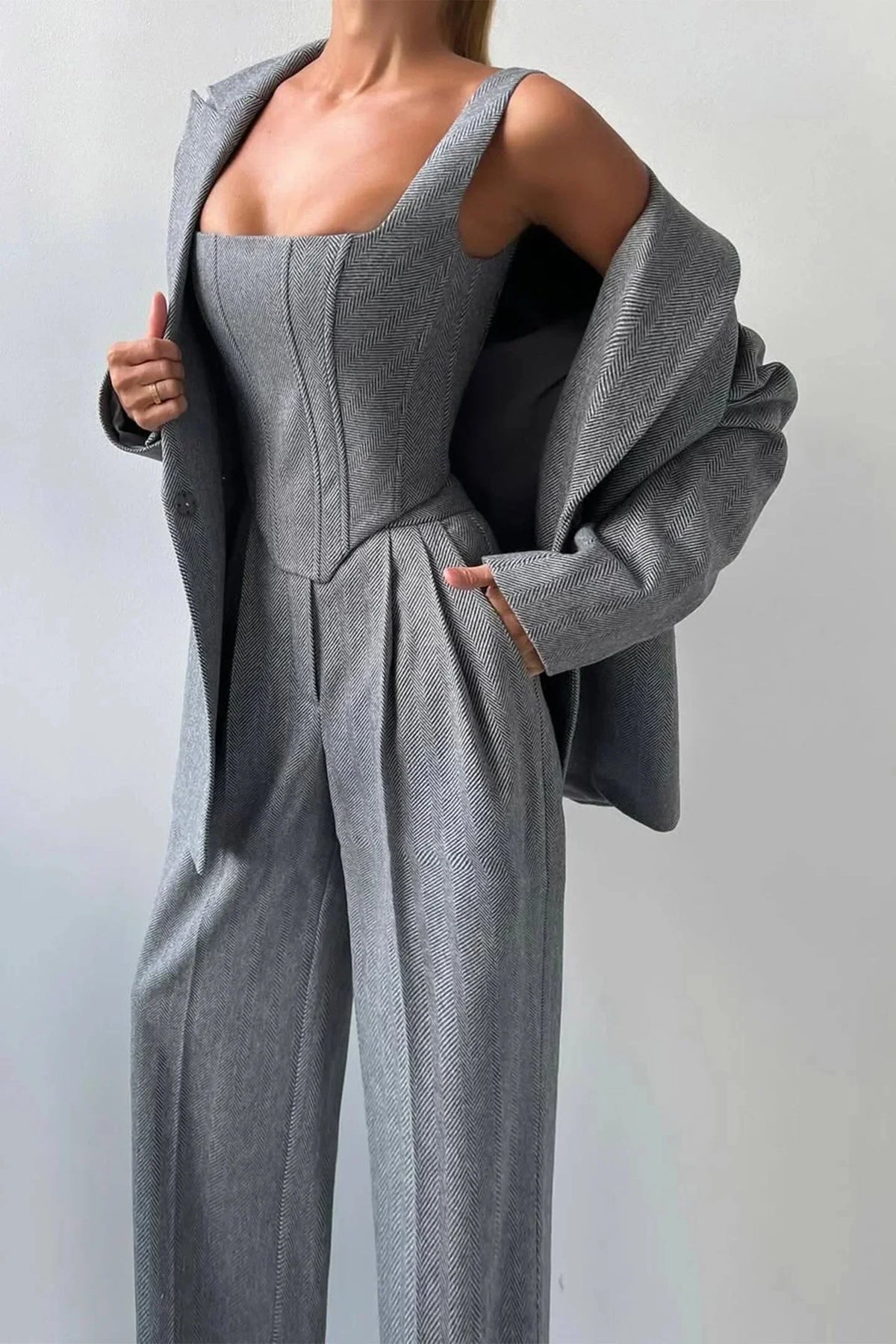 Oversized Blazer 3 Piece Set Women Wide Leg Pants Corset | Faye
