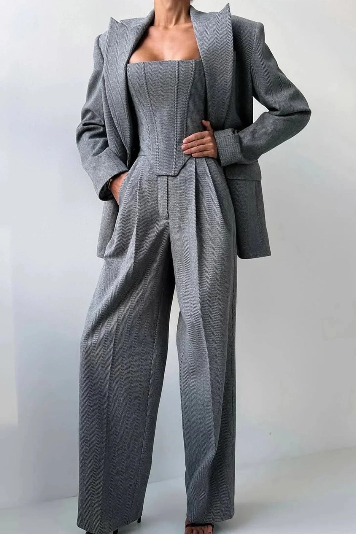 Oversized Blazer 3 Piece Set Women Wide Leg Pants Corset | Faye