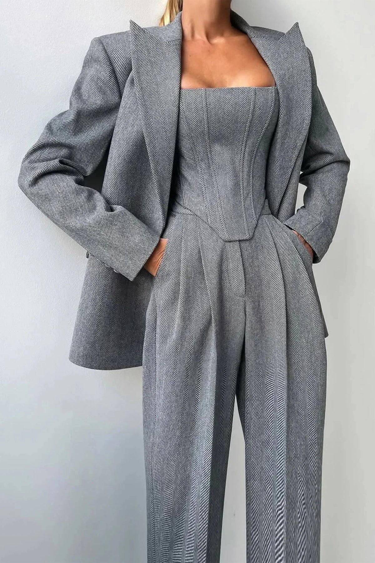 Oversized Blazer 3 Piece Set Women Wide Leg Pants Corset | Faye