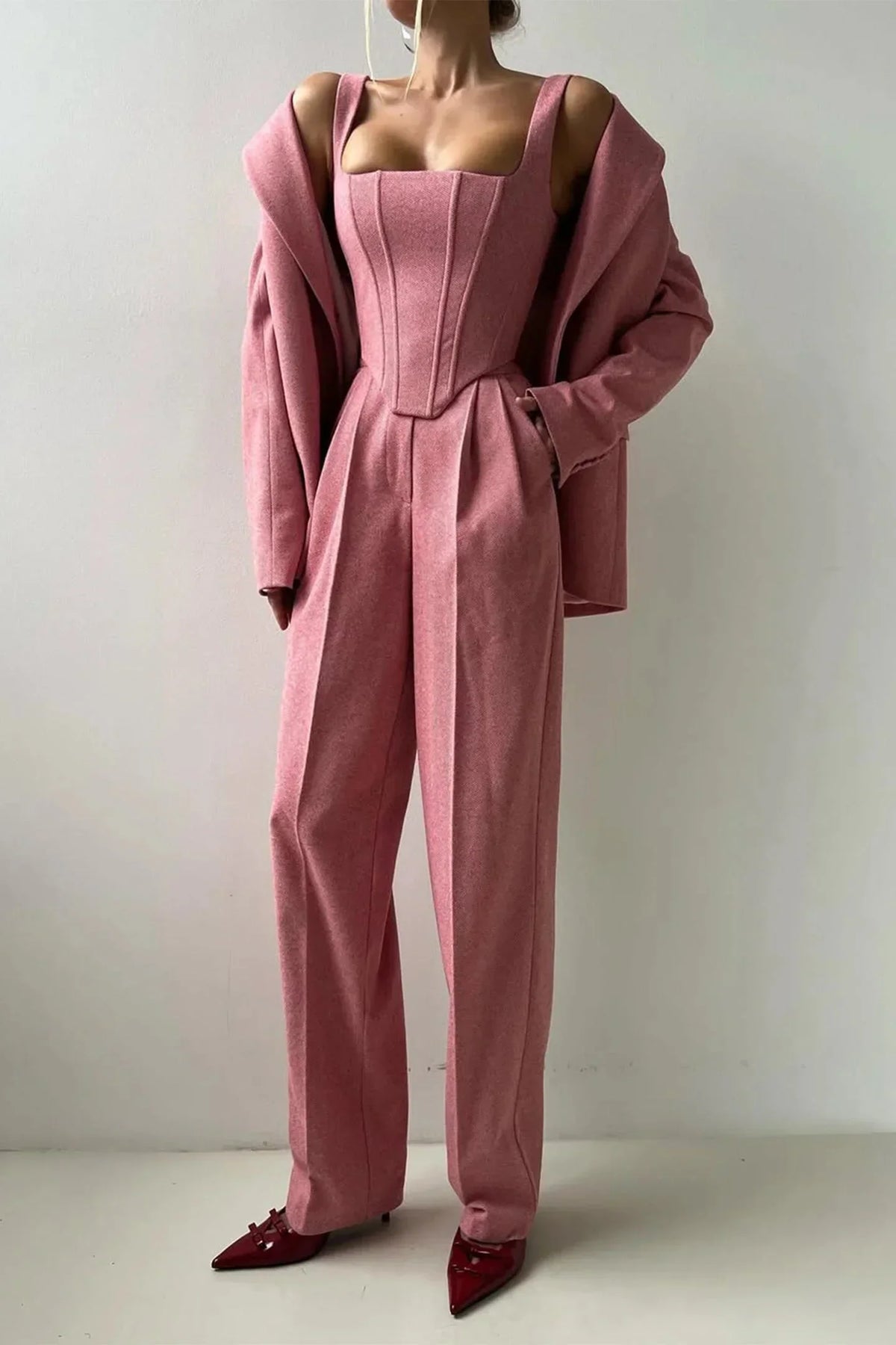 Oversized Blazer 3 Piece Set Women Wide Leg Pants Corset | Faye
