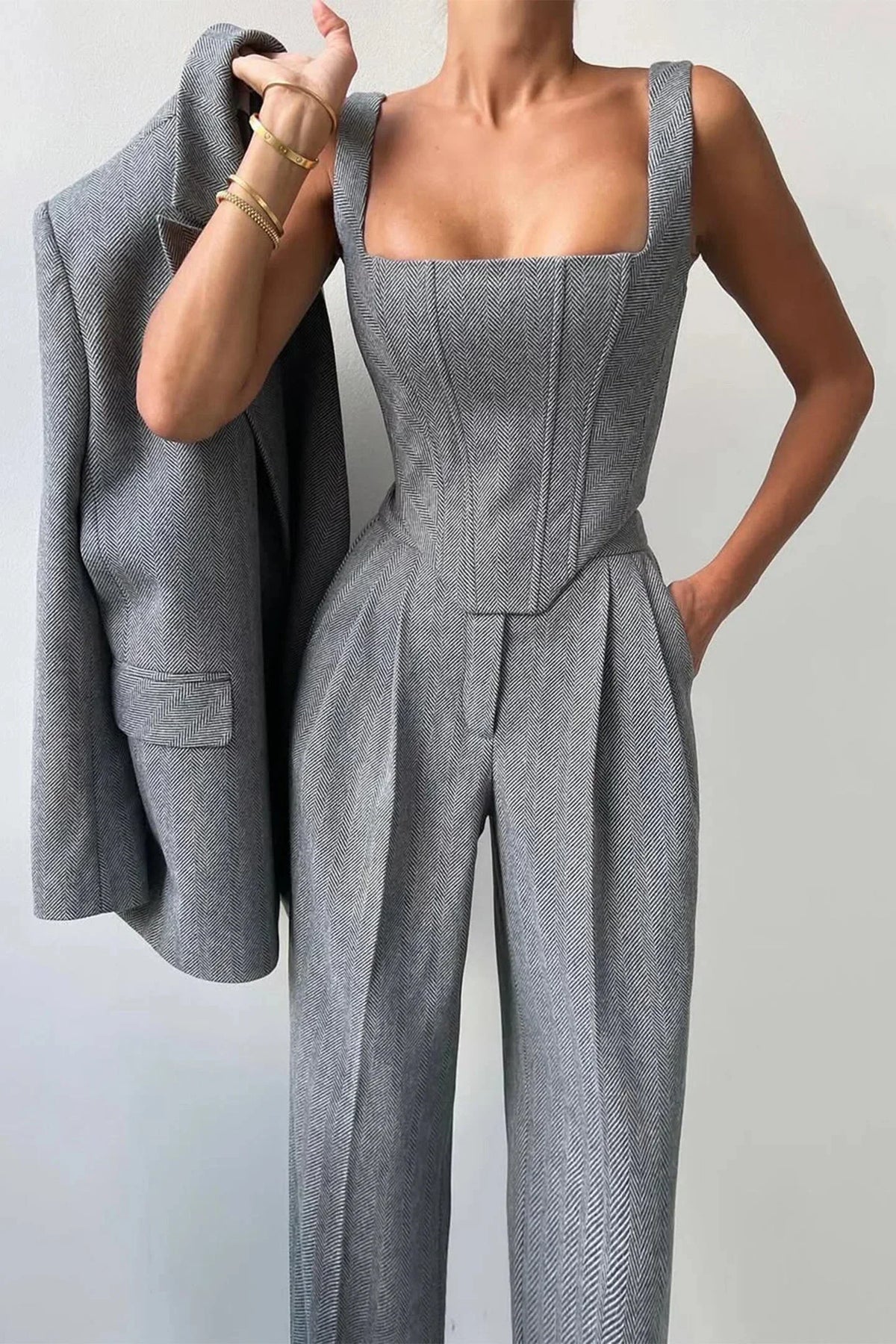 Oversized Blazer 3 Piece Set Women Wide Leg Pants Corset | Faye
