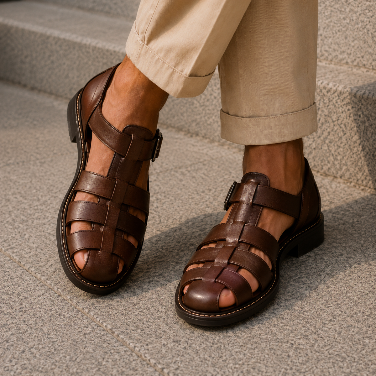 Mens Sandals Closed Toe Fisherman Woven Leather Buckle Strap