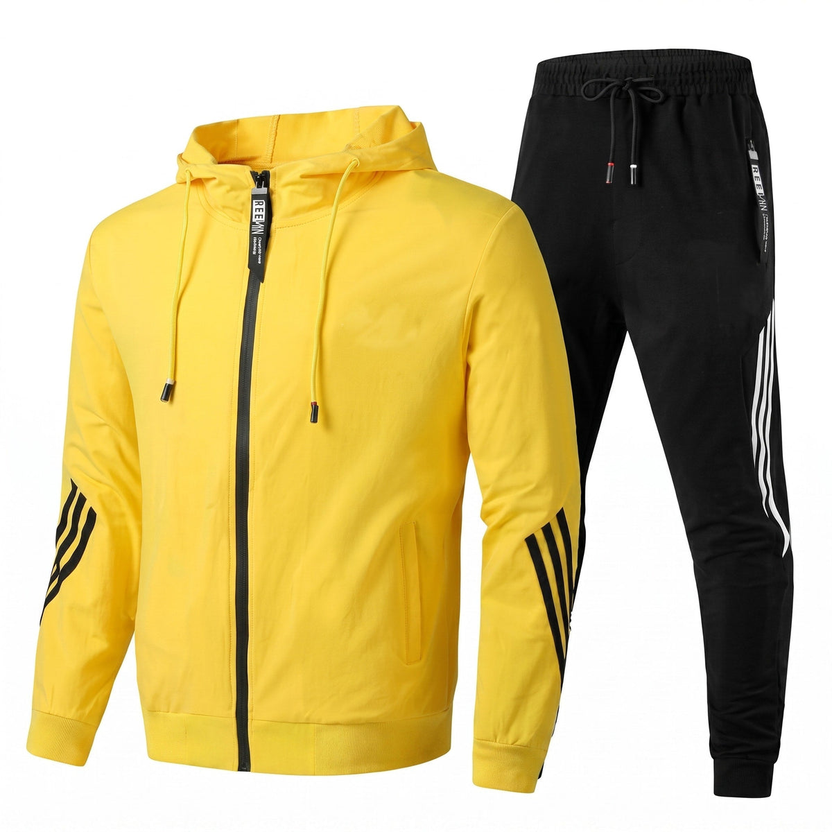 Men 2 piece zip-up hoodie joggers tracksuit set with contrast stripe panels
