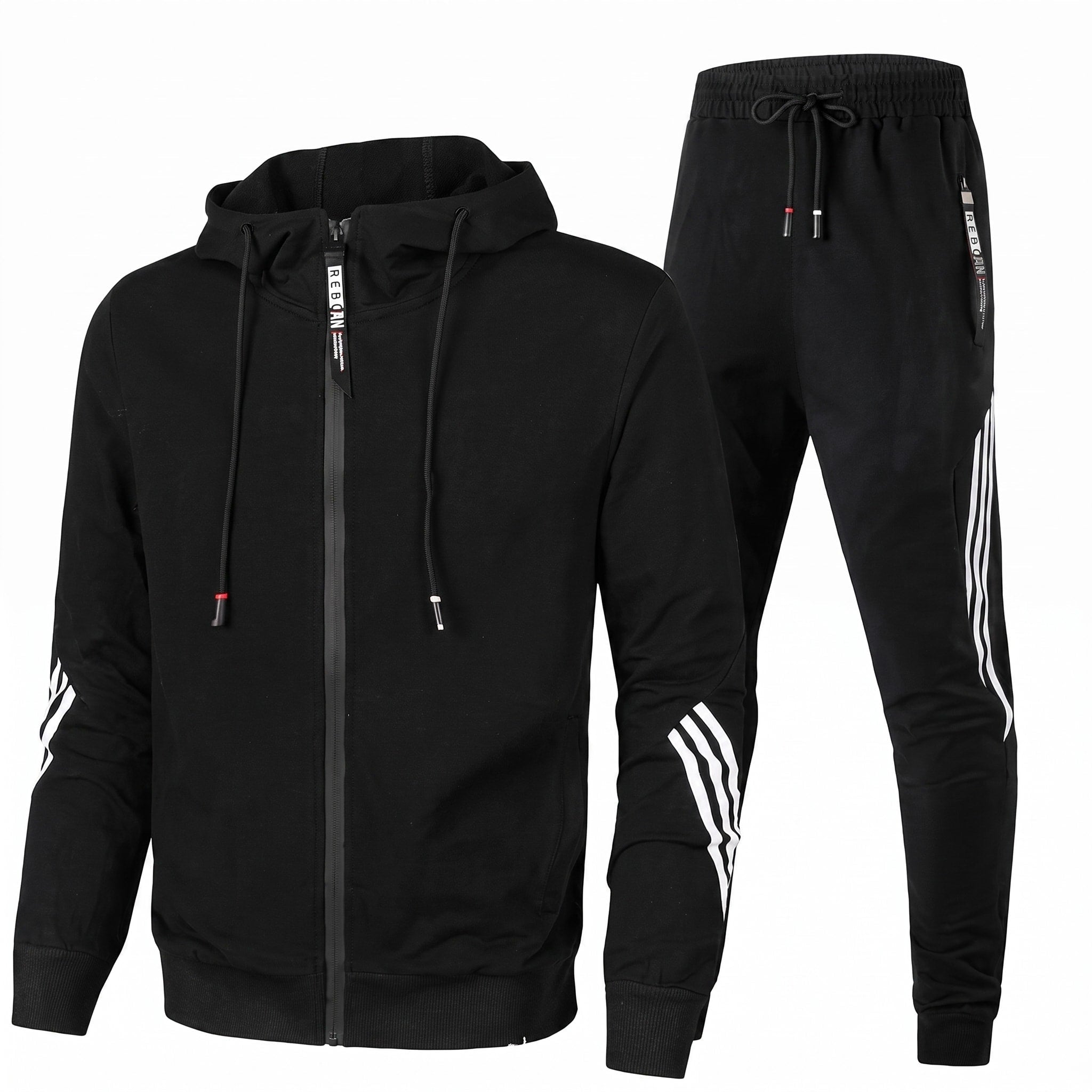 Men 2 piece zip-up hoodie joggers tracksuit set with contrast stripe panels