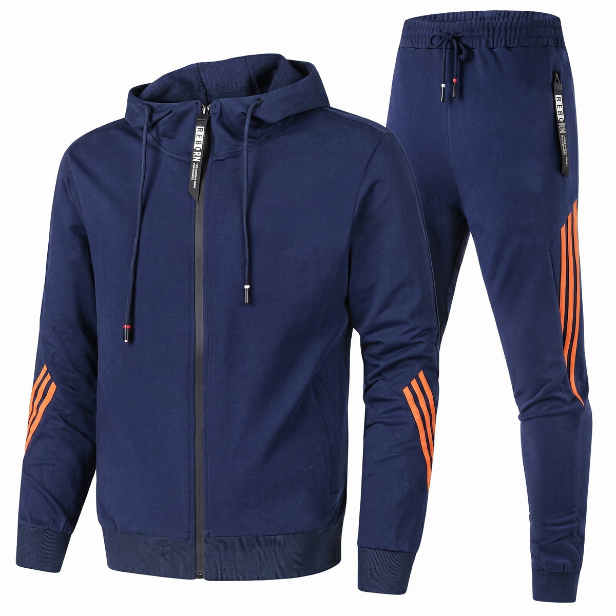 Men 2 piece zip-up hoodie joggers tracksuit set with contrast stripe panels