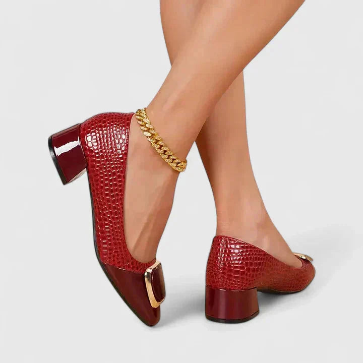 Women croc embossed block heel loafers square toe gold buckle detail