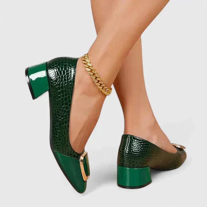 Women croc embossed block heel loafers square toe gold buckle detail